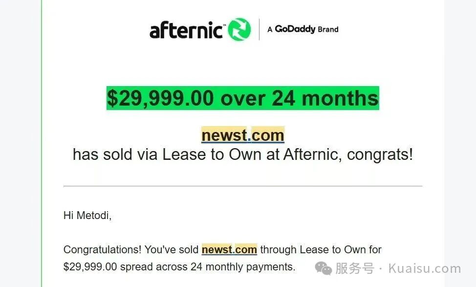 newst.com域名通过Afternic 租赁转购模式成交，总价 29,999 美元