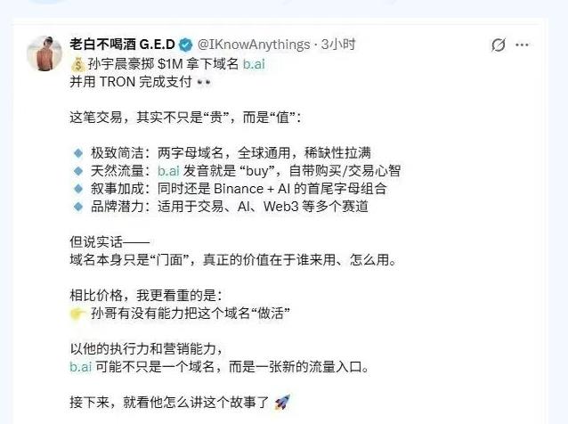 波场TRON创始人孙宇晨以100万美元的价格成功收购了极品两字母域名b.ai