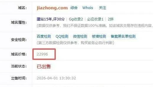 拼音域名：近日jiazhong. com 阿里云一口价22996元成交