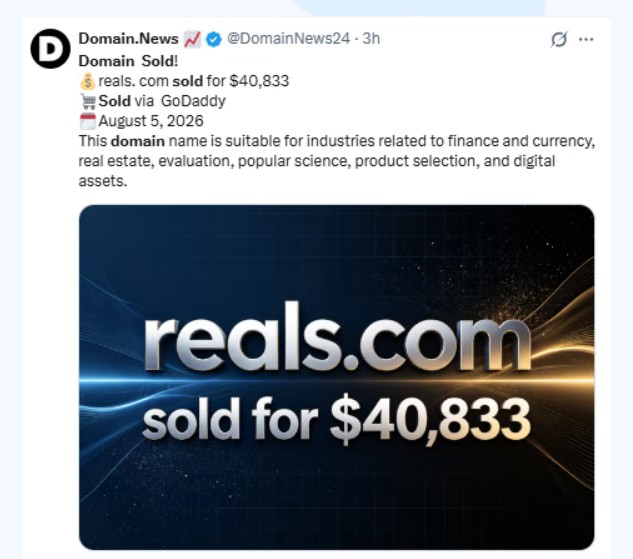 英文域名：“reals.com”以40,833美元成交 约合人民币29.5万元！