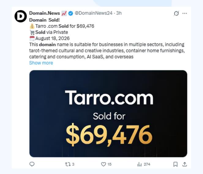 近日 Tarro.com以69476美元 约合50万人民币成交