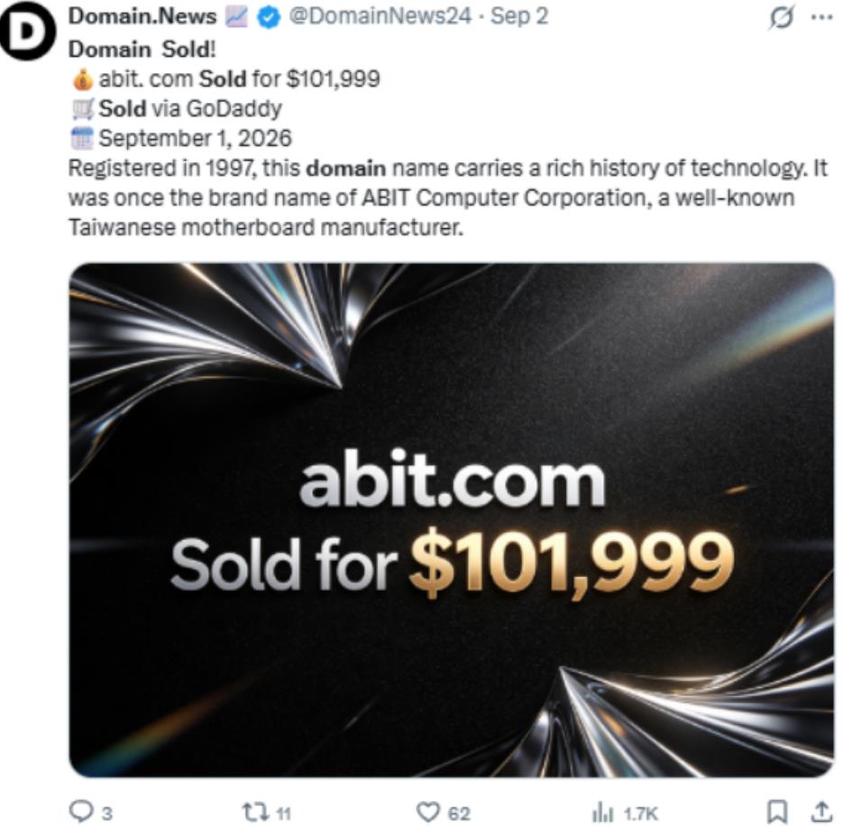 29年历史域名 abit.com 以101,999美元 约合72万人民币成交！